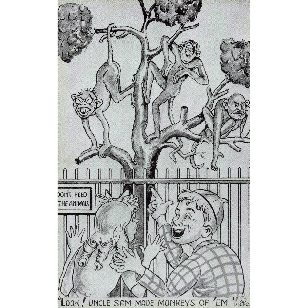 1943 Slam the Axis Postcard Uncle Sam Made Monkeys of Em D. Robbins NYC - Picture 1 of 2
